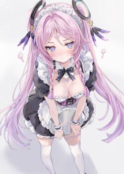 1girl @_@ alternate_costume apron black_bow black_bowtie black_dress blue_eyes blush bow bowtie breasts citlali_(genshin_impact) closed_mouth commentary_request detached_collar dress enmaided facial_mark from_above genshin_impact highres holding holding_tray long_hair looking_at_viewer maid maid_apron maid_headdress maruro short_sleeves simple_background solo squiggle standing thighhighs tray triangle triangle_facial_mark white_background white_thighhighs zettai_ryouiki