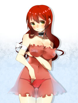 Rule 34 | 1girl, armband, bad id, bad pixiv id, bandaid, bandaids on nipples, blush, breasts, cameltoe, chemise, choker, cleavage, female focus, grin, haine (howling), hen zemi, katou anna, large breasts, long hair, lowleg, lowleg panties, panties, pasties, red hair, see-through clothes, shirt, smile, solo, standing, taut clothes, taut shirt, thigh gap, thighs, underwear, yellow eyes, ykm13