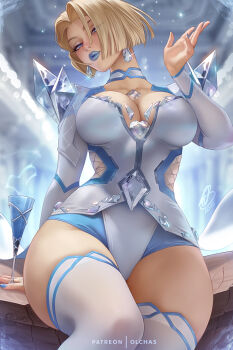 Rule 34 | 1girl, blonde hair, blue eyes, blue lips, blue nails, breasts, champagne flute, choker, cleavage, cup, diamond (gemstone), drinking glass, emma frost, head tilt, highres, large breasts, leotard, looking at viewer, marvel, marvel rivals, multicolored leotard, olchas, short hair, sitting, solo, thick thighs, thighhighs, thighs, white choker, white thighhighs, x-men