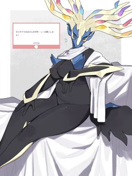 1girl absurdres antlers belly black_skin blue_eyes blue_fur blush body_fur breasts colored_skin deer_antlers deer_girl eyelashes full_body furry furry_female gen_6_pokemon highres horns kame_(3t) large_breasts legendary_pokemon looking_at_viewer mature_female navel nintendo nipples nude plump pokemon pokemon_(creature) pokemon_focus shawl sitting solo sweatdrop tail white_shawl xerneas