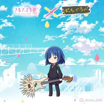 1girl artist_name asymmetrical_hair black_pantyhose black_ribbon black_sweater blue_hair blue_skirt blue_sky bocchi_the_rock! brown_shoes closed_mouth cloud collared_shirt commentary_request copyright_logo copyright_name crossover dot_nose expressionless full_body guitar hair_ornament hairclip highres holding holding_guitar holding_instrument instrument kuro_ink logo magia_record:_mahou_shoujo_madoka_magica_gaiden mahou_shoujo_madoka_magica mole mole_under_eye neck_ribbon pantyhose pleated_skirt ribbon school_uniform shimokitazawa_high_school_uniform shirt shoes short_hair sidelocks skirt sky solo soul_gem standing sweater twitter_username white_shirt yamada_ryo yellow_eyes