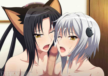 1boy 2girls animal_ears artist_name black_hair cat_ears cat_girl cat_hair_ornament censored collarbone commentary cum english_commentary erection ffm_threesome grey_hair group_sex hair_ornament hair_rings hairband hetero high_school_dxd indoors kuroka_(high_school_dxd) long_hair looking_at_viewer minaisu mosaic_censoring multiple_girls nude one_eye_closed open_mouth penis pov shimaidon_(sex) short_hair_with_long_locks siblings sisters threesome toujou_koneko yellow_eyes