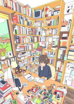 1girl absurdly_detailed_composition air_conditioner akabane_1999 ashtray battery binder black_shirt book book_stack bookshelf brown_hair cable calendar_(object) can cassette_tape chair clock closed_eyes closed_mouth coffee_mug commentary_request computer computer_mouse controller cup desk desk_lamp digital_clock drink_can elbow_on_table elbow_rest eraser game_boy glasses handheld_game_console head_rest headphones highres indoors lamp loaded_interior long_sleeves marker mug note notebook on_chair open_book original pen pencil_case plant potted_plant remote_control ruler shirt short_hair sitting sleeping solo stuffed_animal stuffed_toy t-shirt tape teddy_bear unworn_eyewear unworn_headphones whiteboard window