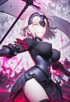 1girl armor armored_boots armored_dress armored_gloves artist_request black_armor black_capelet black_collar black_skirt black_socks black_thighhighs boots breastplate breasts capelet chain collar covered_erect_nipples dress fate/grand_order fate_(series) female_focus flag headgear highres jeanne_d&#039;arc_alter_(avenger)_(fate) jeanne_d&#039;arc_alter_(fate) large_breasts legs long_skirt long_sleeves looking_at_viewer medium_dress no_panties pale_skin sexually_suggestive skirt smile socks solo solo_focus teeth thighhighs thighs torn_clothes white_flag white_hair yellow_eyes zettai_ryouiki
