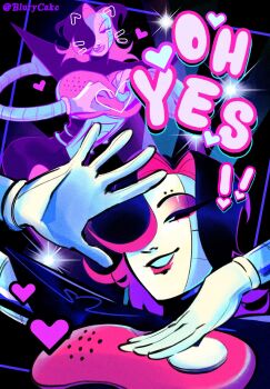 ! !! android colored_inner_hair colored_skin english_text eyeliner eyeshadow gloves heart highres makeup mettaton mettaton_ex multicolored_hair pink_eyeliner pink_eyeshadow purple_eyeshadow robot_boy smile temuqifrey undertale utdr_(toby_fox) white_skin