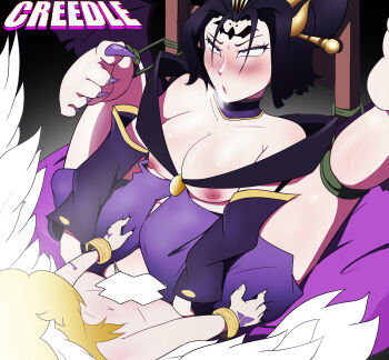 1boy 1girl absurdres age_difference black_hair blonde_hair breasts creedle demon demon_girl digimon digimon_(creature) hetero highres large_breasts lilithmon lucemon mark_of_evil nipples onee-shota sex shota vaginal wings