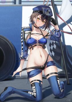 1girl azur_lane baltimore_(azur_lane) baltimore_(finish_line_flagbearer)_(azur_lane) bikini bikini_pull black_choker black_gloves blue_bikini blue_hat blue_jacket blush boots braid breasts brown_hair chest_harness choker cleavage clothes_pull commentary_request cropped_jacket day detached_sleeves flag gloves gurameso hair_behind_ear harness hat head_tilt high_heel_boots high_heels highleg highleg_bikini highres holding holding_unworn_clothes holding_unworn_hat jacket kneeling large_breasts looking_at_viewer micro_shorts mismatched_bikini navel outdoors peaked_cap race_queen road short_hair shorts side_braid single_bare_shoulder single_glove sleeves_rolled_up solo stomach swimsuit thigh_strap underboob unused_tire unworn_hat unworn_headwear yellow_eyes