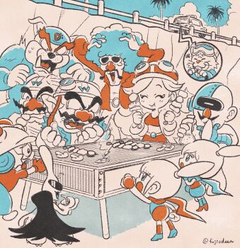 3girls 6+boys 9-volt alien ana_(warioware) artist_name black_cape blue_hair cape cooking crop_top double_bun dr._crygor dribble_(warioware) eating facial_hair fangs food food_in_mouth fujiodeen furry furry_male gloves goggles goggles_on_headwear grill grilling hair_bun helmet highres holding holding_skewer jacket jimmy_t kat_(warioware) long_hair midriff mona_(warioware) motorcycle_helmet multiple_boys multiple_girls mustache nintendo open_clothes open_jacket open_mouth orbulon palm_tree red_gloves red_jacket scarf skewer smile spitz sunglasses tree wario warioware