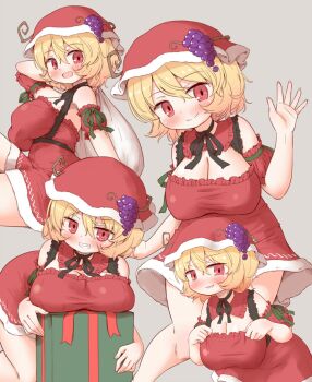 1girl aki_minoriko alternate_costume arinu arm_ribbon bare_shoulders blonde_hair blush box breast_rest breasts choker christmas_costume cleavage closed_mouth detached_collar detached_sleeves dress frilled_dress frilled_shirt_collar frilled_sleeves frills fruit_hat_ornament gift gift_box grape_hat_ornament green_ribbon grey_background grin hair_between_eyes hat hat_ornament highres holding holding_sack imminent_undressing knees_together_feet_apart large_breasts leaning_forward leaning_on_object multiple_persona multiple_views no_bra open_mouth poses red_eyes red_headwear red_ribbon revision ribbon ribbon_around_neck ribbon_choker sack santa_costume seductive_gaze seductive_smile bad_tag short_hair short_sleeves simple_background sitting smile standing thick_thighs thighs third-party_edit touhou waving waving_hand wide_hips