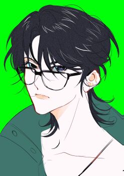 1girl black-framed_eyewear black_eyes black_hair bongpal_choi commentary_request glasses green_background green_jacket heterochromia highres jacket korean_commentary lookism medium_hair open_clothes open_jacket purple_eyes solo tlqkffusdk1229