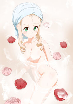 1girl absurdres alternate_hairstyle bathing blonde_hair breasts by_yo_shi closed_mouth commentary completely_nude convenient_censoring drill_hair flower girls_und_panzer green_eyes hair_up highres liquid long_hair looking_at_viewer marie_(girls_und_panzer) medium_breasts nude partially_submerged red_flower red_rose rose smile solo steam steam_censor textless_version towel towel_on_head