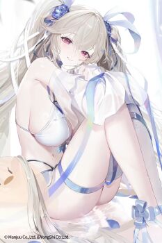 1girl anchorage_(azur_lane) ass azur_lane bad_source bikini blush breasts brown_hair hair_ornament highres large_breasts long_hair manjuu_(azur_lane) navel official_art red_eyes sitting smile solo swimsuit thighs white_bikini