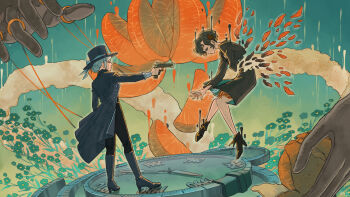 1other 2girls aiming ankle_boots bei_18 black_boots black_coat black_gloves black_hair black_hat black_pants blue_bow boater_hat boots bow coat disintegration feather_hair_ornament feathers flower food fruit gloves green_background green_flower grey_eyes grey_hair gun hair_bun hair_ornament handgun hat hat_bow high_heels highres holding holding_food holding_fruit holding_gun holding_weapon jewelry knee_boots multiple_girls orange_(fruit) orange_peel orange_slice outstretched_arm pants profile puppet_rings puppet_strings red_eyes red_feathers reverse:1999 ring schneider_(reverse:1999) short_hair single_side_bun standing vertin_(reverse:1999) watch weapon wide_shot