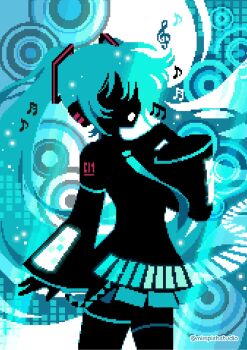 1girl aqua_hair aqua_necktie aqua_theme artist_name commentary cowboy_shot detached_sleeves english_commentary frutiger_metro hatsune_miku headphones highres long_hair mimpish musical_note necktie number_tattoo open_mouth pixel_art silhouette singing skirt solo tattoo thighhighs treble_clef twintails vector_circles vocaloid