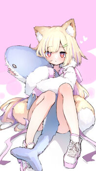 Rule 34 | 1girl, absurdres, animal ear fluff, animal ears, between legs, blonde hair, blunt bangs, closed mouth, collarbone, commentary request, fox ears, fox girl, fox tail, fukutchi, full body, fur-trimmed hoodie, fur trim, hair ornament, hairclip, heart, heart background, highres, hood, hood down, hoodie, hug, hugging object, kitsune, knees together feet apart, long hair, long sleeves, looking at viewer, multicolored shoes, original, parted bangs, pink background, pink hoodie, pink shoes, red eyes, shark, shoes, sidelocks, sleeves past wrists, sneakers, solo, stuffed animal, stuffed toy, tail, two-tone background, two-tone hoodie, two-tone shoes, very long hair, white background, white hoodie, white shoes