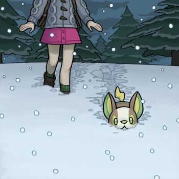 Rule 34 | 1girl, backpack, bag, boots, brown bag, brown footwear, buttons, cardigan, commentary, dress, effie lealand, english commentary, gen 8 pokemon, gloria (pokemon), green legwear, grey cardigan, long sleeves, nintendo, outdoors, pink dress, pokemon, pokemon (creature), pokemon swsh, snow, snowing, socks, tree, yamper