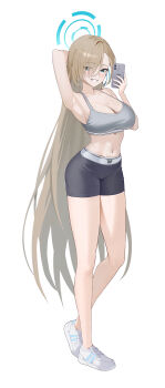 Rule 34 | 1girl, absurdres, arm behind head, armpits, asuna (blue archive), bike shorts, blue archive, blue eyes, blue halo, brown hair, cellphone, commentary, full body, grey sports bra, halo, highres, holding, holding phone, long hair, looking at viewer, phone, potao, shoes, simple background, smile, sneakers, solo, sports bra, standing, very long hair, white background, white shoes