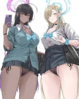 absurdres aqua_bow aqua_bowtie asuna_(blue_archive) asuna_(school_uniform)_(blue_archive) bag black_hair black_skirt blonde_hair blue_archive blue_cardigan blue_eyes blue_scrunchie blue_sweater bow bowtie cameltoe cardigan cellphone commentary dark-skinned_female dark_skin female_pubic_hair halo highres karin_(blue_archive) karin_(school_uniform)_(blue_archive) loose_bowtie miz_blank panties phone pleated_skirt pubic_hair purple_halo school_bag school_uniform scrunchie side-tie_panties skirt sweater symbol-only_commentary unbuttoned unbuttoned_shirt underwear yellow_eyes