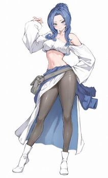 1girl artistic_error bag blue_eyes blue_jacket blue_skirt breasts cleavage commentary commission contrapposto english_commentary full_body grey_leggings grey_sports_bra highres jacket leggings long_hair long_sleeves looking_at_viewer medium_breasts midriff off_shoulder original paper_texture ponytail satchel showgirl_skirt simple_background skeb_commission skirt smile solo sports_bra stomach thick_thighs thighs tied_jacket toned toned_female torisanff14 two-tone_skirt white_background white_skirt wide_hips wide_sleeves