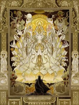 1girl 1other 6+boys absurdly_detailed_composition black_eyes black_hair buddhism chives_dumpling_king cloud_haetae_cookie commentary_request cookie_run dark_cacao_cookie dress extra_arms flower giant giantess green_onion_dumpling_immortal guanyin highres holding holding_flower holding_weapon korean_commentary looking_at_another looking_down lotus_pedestal meat_dumpling_king medicinal_dumpling_immortal mman_moon mudra multiple_boys mystic_flour_cookie own_hands_together peach_blossom_cookie short_hair shrimp_dumpling_immortal shrimp_dumpling_king spicy_dumpling_king steamed_dumpling_immortal symbolism too_many_hands weapon white_dress white_hair wonton_immortal