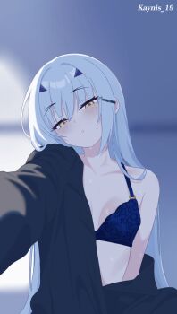 1girl bare_shoulders black_shirt blue_bra blush bra breasts commentary english_commentary fate/grand_order fate_(series) forked_eyebrows hair_ornament hairclip highres kayu_manis19 long_hair long_sleeves looking_at_viewer melusine_(fate) off_shoulder shirt sidelocks small_breasts solo underwear white_hair yellow_eyes