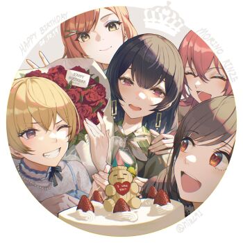 5girls arisugawa_natsuha birthday_cake black_hair blonde_hair bouquet brown_hair cake closed_eyes commentary_request flower food fruit happy_birthday holding holding_cake holding_food icing idolmaster idolmaster_shiny_colors komiya_kaho long_hair morino_rinze multiple_girls niac pastry petals red_flower red_hair red_rose rose rose_petals saijo_juri smile sonoda_chiyoko strawberry