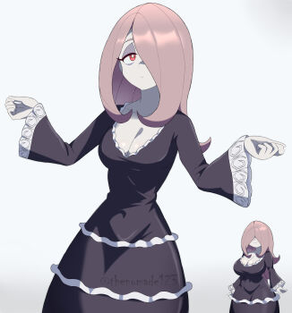 2girls absurdres alternate_breast_size_(larger) black_dress breasts bright_pupils cleavage collarbone commentary dress english_commentary frilled_dress frills grey_background hair_over_eyes hair_over_one_eye highres large_breasts little_witch_academia long_hair long_sleeves looking_at_viewer mother_and_daughter mrs._manbavaran multiple_girls pink_hair red_eyes sucy_manbavaran thenomade123 twintails twitter_username white_pupils wide_sleeves