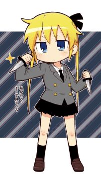 black_necktie black_skirt black_socks blonde_hair blue_eyes commentary_request highres knife loafers necktie pleated_skirt ponytail richard_(richaball) school_uniform shirt shoes simple_background skirt socks sonya_(kill_me_baby)