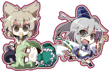 3girls akaneya blonde_hair chibi covering_own_mouth dress earmuffs ghost_tail green_dress green_hair grey_eyes hat hat_ribbon headphones japanese_clothes kariginu long_sleeves lowres mononobe_no_futo multiple_girls open_mouth pointing ponytail pulling ribbon ritual_baton running shirt silver_hair skirt smile soga_no_tojiko tail tail_grab touhou toyosatomimi_no_miko wide_sleeves