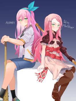 2girls 6f6d6f7269 absurdres aubrey_(faraway)_(omori) aubrey_(omori) baseball_bat black_socks blue_skirt boots bow_hairband brown_footwear character_name closed_mouth crossover denim denim_skirt feet_out_of_frame final_fantasy final_fantasy_tactics_advance foot_out_of_frame green_eyes hair_ornament hairband hairclip highres holding holding_baseball_bat jacket long_hair looking_at_viewer multiple_girls nail_(hardware) nail_bat omori pink_hair ritz_malheur shoes short_sleeves skirt sneakers socks thigh_boots white_jacket