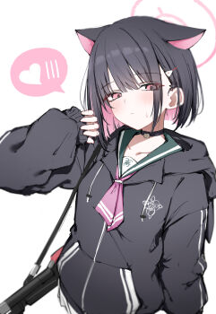 1girl animal_ears black_choker black_hair black_jacket blue_archive blunt_ends blush cat_ears choker collarbone colored_inner_hair commentary extra_ears green_sailor_collar gun_sling halo heart highres hood hooded_jacket jacket kazusa_(blue_archive) looking_at_viewer multicolored_hair neckerchief pink_eyes pink_hair pink_neckerchief sailor_collar short_hair simple_background solo spoken_blush spoken_heart sweatdrop two-tone_hair upper_body white_background yuukun_mk-ii