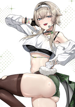 1girl absurdres ass black_bra black_gloves blue_eyes bra bracelet brown_thighhighs commentary cropped_shirt fingerless_gloves gloves goddess_of_victory:_nikke green_shorts grey_hair hair_ears hairband headset highres idol jewelry looking_at_viewer midriff mole mole_under_eye navel open_mouth prika_(nikke) shirt short_hair_with_long_locks short_shorts shorts simple_background smile solo thighhighs thighs torn_clothes torn_thighhighs underwear vandel_six white_background white_hairband white_shirt