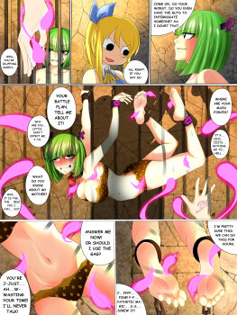 2girls absurdres ball_gag barefoot bars bdsm belly bikini blonde_hair blush bondage bound bra brandish_mew breasts chain cuffs english_text engrish_text fairy_tail feathers feet gag green_eyes green_hair highres interrogation large_breasts lucy_heartfilia magic multiple_girls numbery panties prisoner ranguage shackles smile speech_bubble suspension sweat swimsuit tagme tickle_torture tickling tickling_armpits tickling_breasts tickling_feet tickling_legs tickling_sides underwear ungagged