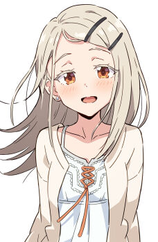 blonde_hair blush camisole chikuwa_(majihima) collarbone colored_eyelashes commentary earrings floating_hair gakuen_idolmaster gradient_hair grey_hair hair_ornament hairclip idolmaster jewelry long_hair looking_at_viewer multicolored_hair open_clothes open_mouth open_robe orange_eyes parallel_hairclips parted_bangs robe shinosawa_hiro simple_background smile stud_earrings symbol-only_commentary upper_body white_background white_camisole white_robe wind