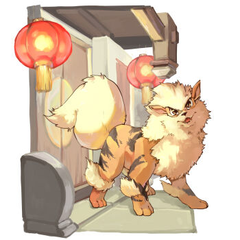 Rule 34 | animal focus, arcanine, brown eyes, commentary request, dlitw, door, fangs, full body, gen 1 pokemon, highres, lantern, looking at viewer, nintendo, no humans, open mouth, paper lantern, pokemon, pokemon (creature), simple background, solo, standing, white background