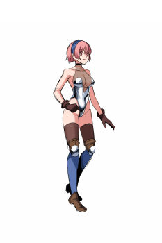 1girl armor armored_leotard bikini_armor blue_hairband breasts brown_gloves brown_shoes choker cleavage collarbone concept_art gloves hair_between_eyes hairband highres knee_pads leotard medium_breasts medium_hair open_mouth original pink_hair red_eyes shoes thighhighs thighs uns_(sdsxsoverlord) white_background