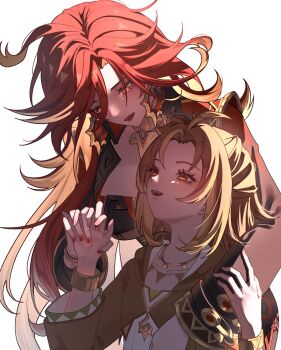 Rule 34 | 2girls, absurdres, ahoge, biker clothes, bikesuit, black bodysuit, bodysuit, bracelet, breasts, commentary request, crying, crying with eyes open, earrings, genshin impact, highres, hine (genshin impact), holding hands, hood, hoodie, if0208, jewelry, large breasts, long hair, looking down, looking up, mavuika (genshin impact), medium hair, multiple girls, necklace, open mouth, orange eyes, orange hair, orange hoodie, orange pupils, siblings, simple background, sisters, sun earrings, symbol in eye, tears, very long hair, white background, wide sleeves