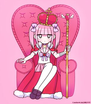 Rule 34 | 1girl, bandaged arm, bandages, black eyes, blunt bangs, bow, bowtie, brown shoes, cape, choker, closed mouth, commentary request, crown, expressionless, ezaki bisuko, food, fruit, fur-trimmed cape, fur trim, hexagram, highres, holding, holding staff, jewelry, jitome, light blush, looking at viewer, menhera-chan (ezaki bisuko), menhera-chan (ezaki bisuko) (character), necklace, pastel colors, pink background, pink hair, pink sailor collar, pink skirt, pink theme, pleated skirt, purple bow, purple bowtie, purple choker, red cape, sailor collar, school uniform, serafuku, shoes, short sleeves, short twintails, sidelocks, simple background, sitting, sitting on throne, skirt, solo, staff, star of david, strawberry, thighhighs, throne, twintails, white serafuku, white thighhighs