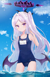 Rule 34 | 1girl, adjusting hair, blue archive, blue sky, blurry, cloud, cloudy sky, commentary request, demon girl, demon horns, demon wings, depth of field, forehead, hair ornament, hairclip, halo, highres, hina (blue archive), hina (swimsuit) (blue archive), horizon, horns, in water, long hair, looking at viewer, name tag, ocean, official alternate costume, official alternate hairstyle, old school swimsuit, one side up, outdoors, parted bangs, purple eyes, school swimsuit, sese nagi, sidelocks, sky, solo, swimsuit, wavy hair, wet, wet clothes, wet swimsuit, whistle, whistle around neck, white hair, wings