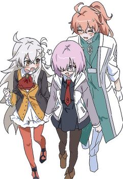 1boy 2girls antenna_hair ascot black_pantyhose blush braid brown_shoes cape closed_eyes fate/grand_order fate_(series) glasses gloves grey_hair hood hood_down hooded_cape lab_coat long_hair looking_at_another mash_kyrielight multiple_girls olga_marie_animusphere open_mouth orange_hair orange_pantyhose pantyhose pink_eyes pink_hair ponytail red_ascot romani_archaman shoes short_hair simple_background syst098 white_background white_gloves white_shoes yellow_eyes