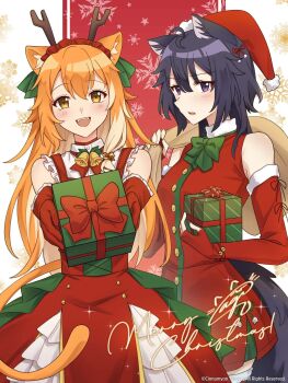 2girls aged_up animal_ear_fluff animal_ears antlers bare_shoulders bell black_hair blue_hair blush bow box brown_eyes christmas cinnamon_(cinnamyon) cinnamyon commentary copyright_notice cowboy_shot dress elbow_gloves embarrassed english_commentary fake_antlers fang fingerless_gloves gift gift_box gloves green_bow hair_between_eyes hairband happy hat highres holding holding_gift horns incoming_gift khlowe_(cinnamyon) long_hair looking_at_viewer merry_christmas multiple_girls nervous open_mouth orange_hair original purple_eyes red_dress red_gloves red_hairband reindeer_antlers santa_costume santa_hat smile snowflake_background tail teeth upper_teeth_only