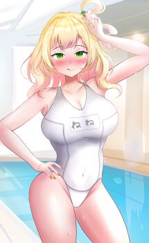 1girl absurdres alternate_costume arm_up blonde_hair blush breasts cleavage closed_mouth colored_inner_hair green_eyes hand_on_own_hip highres hololive large_breasts looking_at_viewer medium_hair momosuzu_nene multicolored_hair nail_polish official_alternate_hair_length official_alternate_hairstyle one-piece_swimsuit pink_hair pink_nails smile solo swimsuit tongue tongue_out virtual_youtuber waniwani_(wasabiwaniwani) white_one-piece_swimsuit