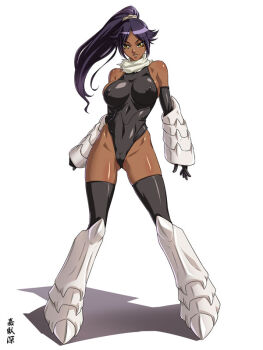 Rule 34 | 1girl, bare shoulders, black gloves, black leotard, black thighhighs, bleach, breasts, cameltoe, covered erect nipples, dark-skinned female, dark skin, elbow gloves, female focus, full body, gauntlets, gloves, high ponytail, impossible clothes, impossible leotard, kagami hirotaka, large breasts, leg armor, leotard, lips, long hair, looking at viewer, parted bangs, parted lips, ponytail, purple hair, scarf, shadow, shihouin yoruichi, shiny clothes, shiny skin, signature, simple background, skin tight, sleeveless, leotard, solo, standing, thighhighs, tight clothes, white background, white scarf, wind, yellow eyes