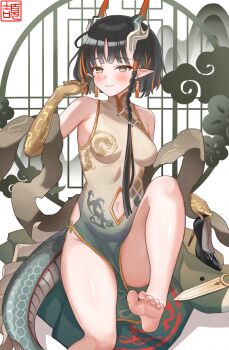 Rule 34 | 1girl, arknights, bare shoulders, black eyes, black hair, black shoes, blush, breasts, brown dress, china dress, chinese clothes, chinese commentary, clothing cutout, colored extremities, commentary, dress, earrings, eyeliner, feet, foot out of frame, grin, hand in own hair, hand up, highres, holding, holding shoes, holding unworn clothes, horns, jewelry, jie (arknights), ko-no, leg up, looking at viewer, makeup, medium breasts, multicolored hair, navel, navel cutout, orange eyeliner, orange hair, pelvic curtain, pointy ears, seal impression, shoes, short hair, side slit, sleeveless, sleeveless dress, smile, soles, solo, streaked hair, tail, toenails, toes, unworn shoes, yellow pupils