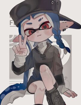1girl :d absurdres black_boots black_hat black_hoodie boots border closed_mouth ear_piercing earrings eyebrow_cut fegrqzf grey_background hat highres hood hoodie inkling inkling_girl inkling_player_character jewelry long_hair looking_at_viewer nintendo open_mouth outside_border piercing pointy_ears red_eyes sideways_hat sitting sleeves_past_wrists smile solo splatoon_(series) splatoon_3 sweater tentacle_hair v very_long_hair white_border white_sweater