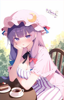 1girl :o absurdres arm_under_breasts bare_arms black_ribbon blue_bow blunt_bangs blush bow breasts bun_cover cake chair chinese_commentary chocolate_cake cleavage coffee commentary covered_navel crescent crescent_hat_ornament cup dress food frilled_hat frills fruit hair_bow hand_on_own_cheek hand_on_own_face hat hat_ornament highres large_breasts looking_at_viewer mob_cap neck_ribbon ohako_miyu on_chair outdoors patchouli_knowledge pink_hat pink_robe purple_eyes purple_hair red_bow ribbon robe round_table sitting solo steam strawberry striped_clothes striped_dress table teacup touhou twitter_username vertical-striped_clothes vertical-striped_dress wooden_chair wooden_table