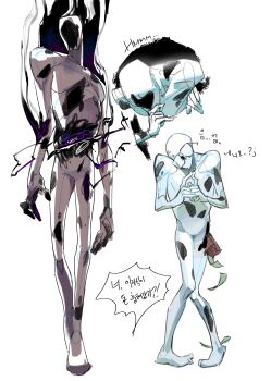 1boy absurdres banknote colored_skin contrapposto crooked_eyewear ddyun_923 dollar_bill falling_money hand_on_own_chin highres hole_in_head korean_text male_focus marvel money multiple_views ooze portal_(object) spider-man:_across_the_spider-verse spider-man_(series) spider-verse spot_(marvel) sweat translation_request twiddling_fingers wallet white_background white_skin