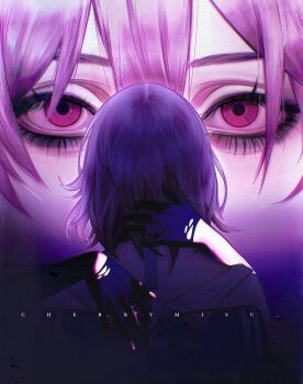 2girls artist_name black_gloves cherrymisu dual_persona evernight_(honkai:_star_rail) eye_focus from_behind gloves hand_on_another&#039;s_back hand_on_another&#039;s_neck highres honkai:_star_rail honkai_(series) looking_at_another march_7th_(honkai:_star_rail) multiple_girls pink_eyes pink_hair torn_clothes torn_gloves upper_body