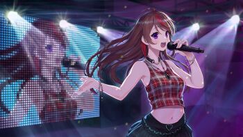 1girl bare_arms bare_shoulders black_choker black_skirt blush bracelet brown_hair cardigan choker commentary commission cowboy_shot crop_top english_commentary frilled_skirt frills highres holding holding_microphone jewelry long_hair microphone midriff miniskirt multicolored_hair music navel necklace open_cardigan open_clothes open_mouth original pearl_bracelet pearl_necklace plaid_tank_top projected_inset red_streaks red_tank_top singing skeb_commission skirt solo stage stage_lights streaked_hair tank_top traveler_(artbbt) two-tone_hair