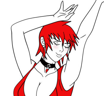 1girl breasts cleavage closed_eyes collar dress earrings female_focus hands_up jewelry large_breasts pps0226 red_hair short_hair smile smiley_face the_king_of_fighters vice_(kof)